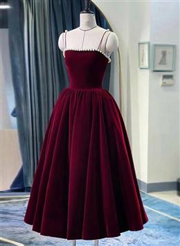 Picture of Wine Red Color Straps Velvet Party Dresses with Pearls, Wine Red Color Tea Length Formal Dresses
